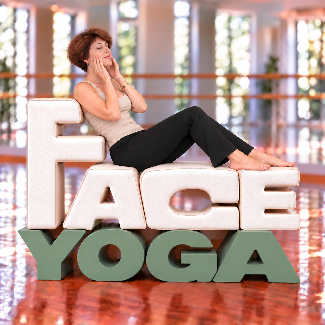 Lana practicing facial massage while seated on large sculptural letters spelling Face Yoga.